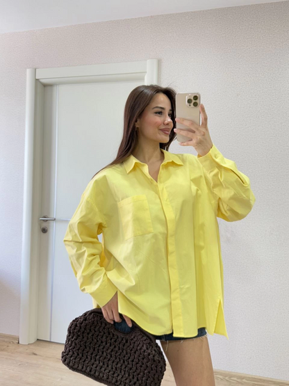 Poplin   Yakalı Yandan Yırtmaçlı Arka Pens Detaylı Gömlek - Sarı -