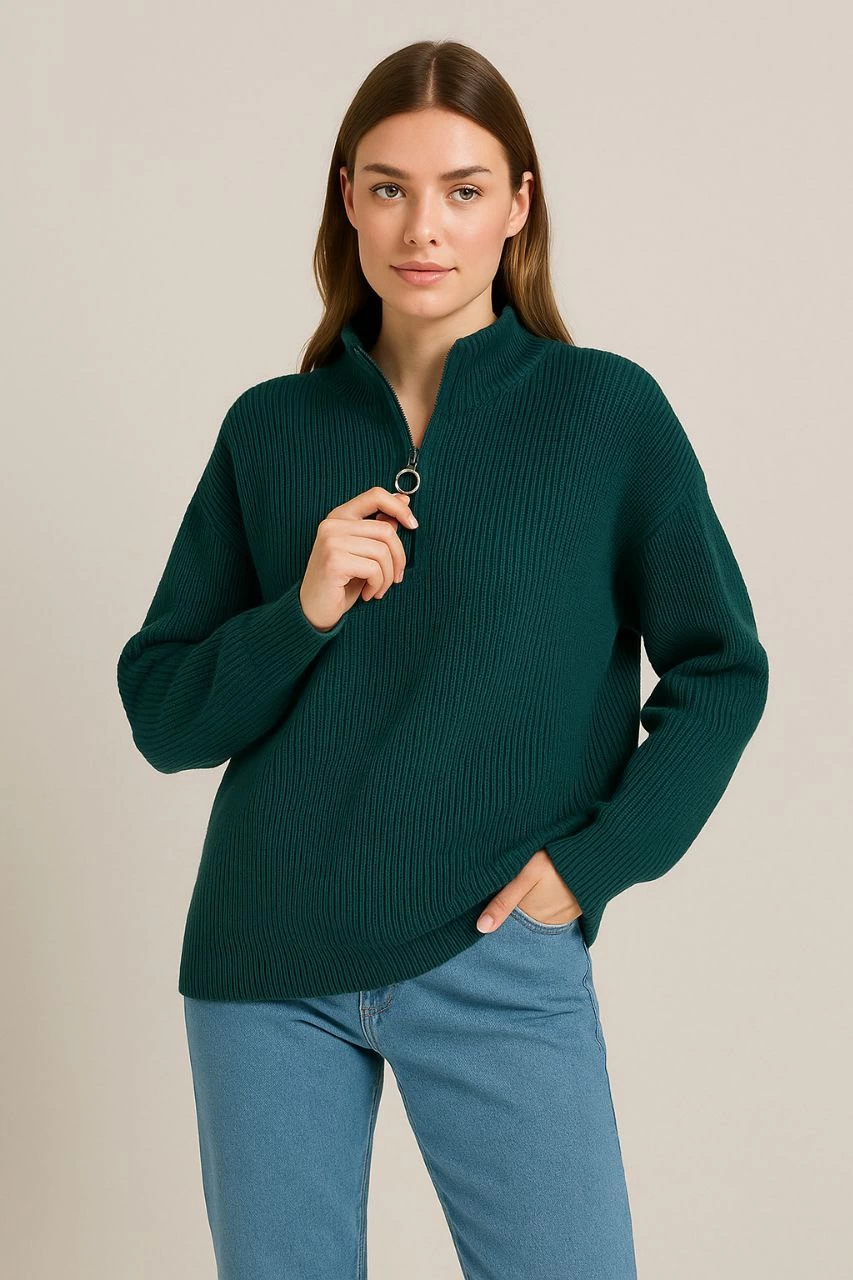 Yarım Fermuarlı Triko Kazak - Selanik Örgü, Dik Yaka, Pamuklu Dokuma, Oversize Uzun Kollu Kışlık Model - Haki