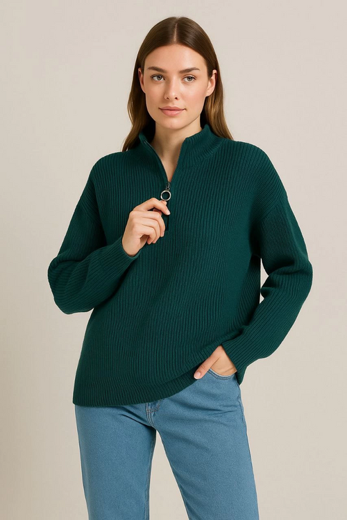 Yarım Fermuarlı Triko Kazak - Selanik Örgü, Dik Yaka, Pamuklu Dokuma, Oversize Uzun Kollu Kışlık Model - Haki