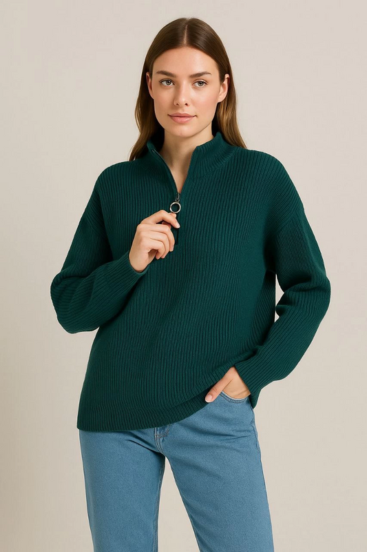 Yarım Fermuarlı Triko Kazak - Selanik Örgü, Dik Yaka, Pamuklu Dokuma, Oversize Uzun Kollu Kışlık Model - Haki