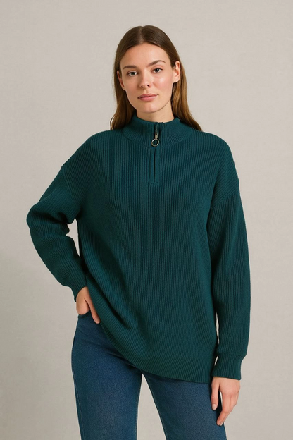 Yarım Fermuarlı Triko Kazak - Selanik Örgü, Dik Yaka, Pamuklu Dokuma, Oversize Uzun Kollu Kışlık Model - Haki