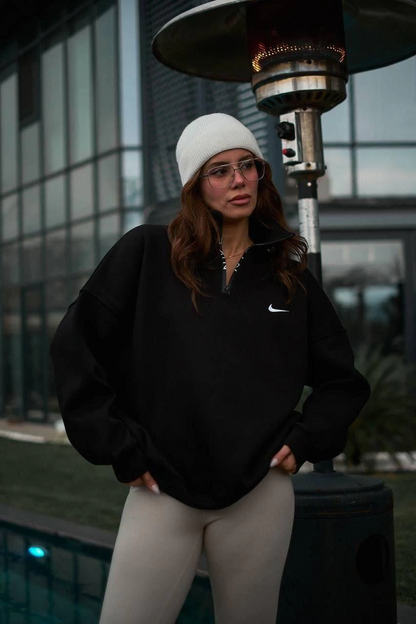 Kadın Yarım Fermuarlı Üç iplik Şardonlu Pamuklu Sweatshirt - Siyah