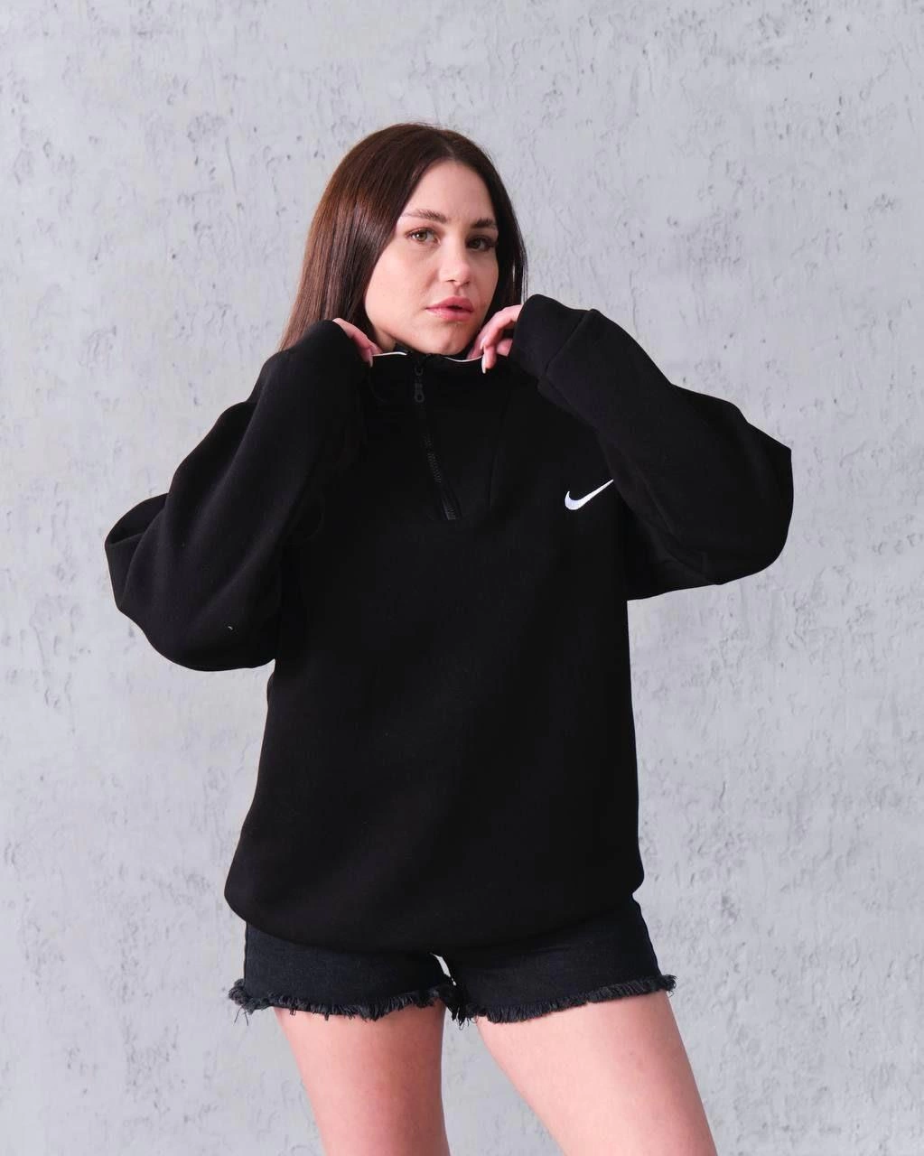 Kadın Yarım Fermuarlı Üç iplik Şardonlu Pamuklu Sweatshirt - Siyah