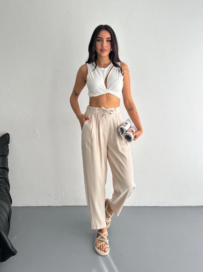 Yüksel Bel Beli Bağcıklı Rahat Boru Paça Pantalon - Kırık Beyaz -