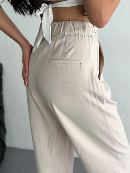 Yüksel Bel Beli Bağcıklı Rahat Boru Paça Pantalon - Kırık Beyaz -
