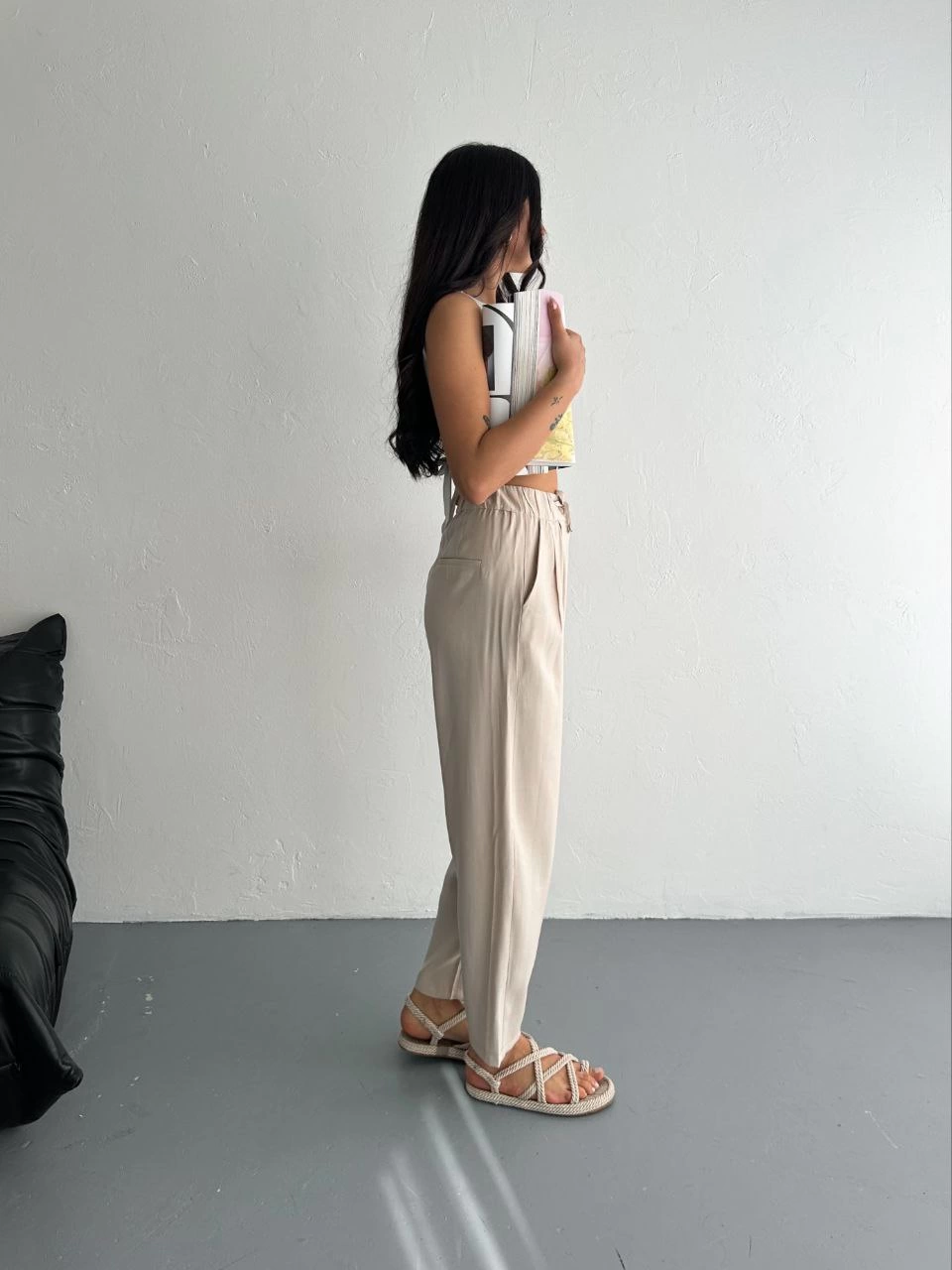 Yüksel Bel Beli Bağcıklı Rahat Boru Paça Pantalon - Kırık Beyaz -