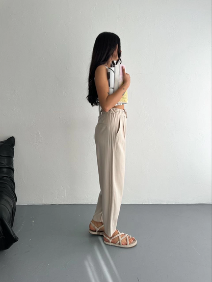 Yüksel Bel Beli Bağcıklı Rahat Boru Paça Pantalon - Kırık Beyaz -