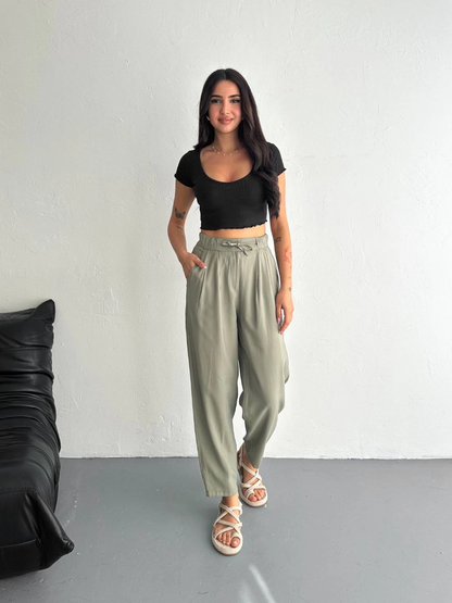 Yüksel Bel Beli Bağcıklı Cepli Rahat Paça Pantalon - Su Yeşili -