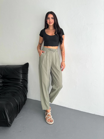 Yüksel Bel Beli Bağcıklı Cepli Rahat Paça Pantalon - Su Yeşili -