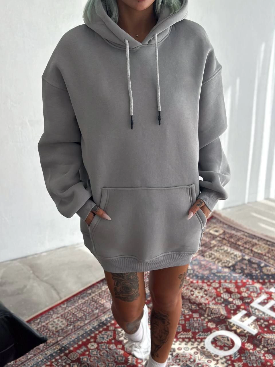 Kapüşonlu Üç İplik Penye Basic SweatShirt - Boyalı Gri -