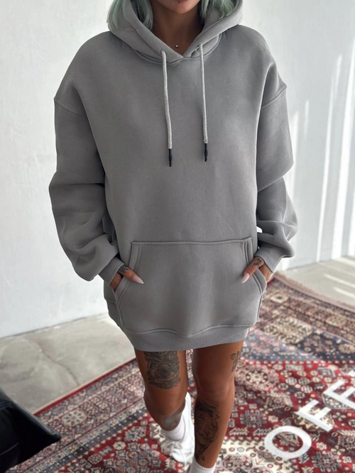 Kapüşonlu Üç İplik Penye Basic SweatShirt - Boyalı Gri -