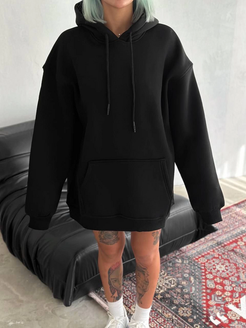 Kapüşonlu Üç İplik Penye Basic SweatShirt - Siyah -