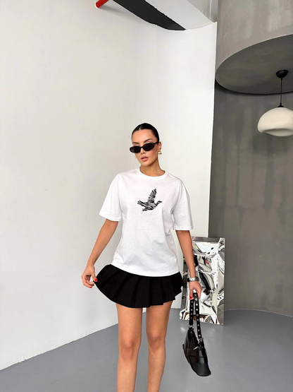 Kısa Kol Baskılı T-shirt - Beyaz -