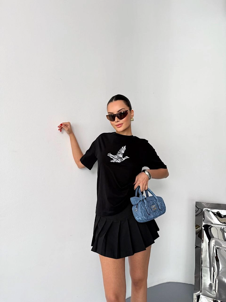 Kısa Kol Baskılı T-shirt - Siyah -