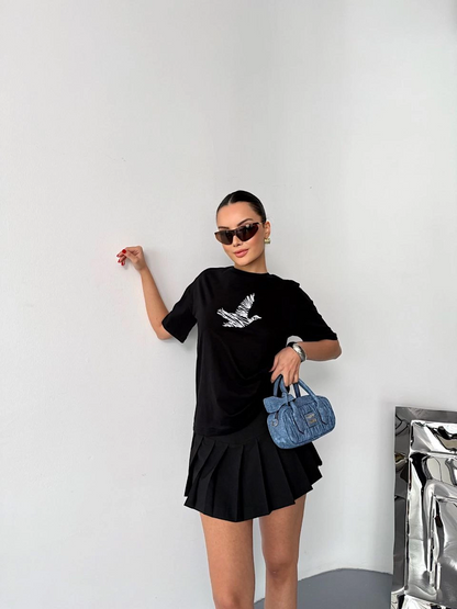 Kısa Kol Baskılı T-shirt - Siyah -