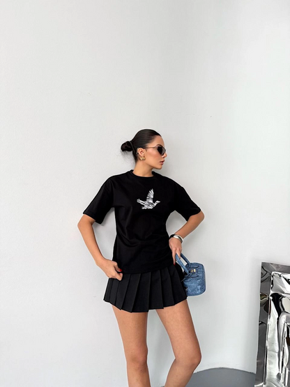Kısa Kol Baskılı T-shirt - Siyah -