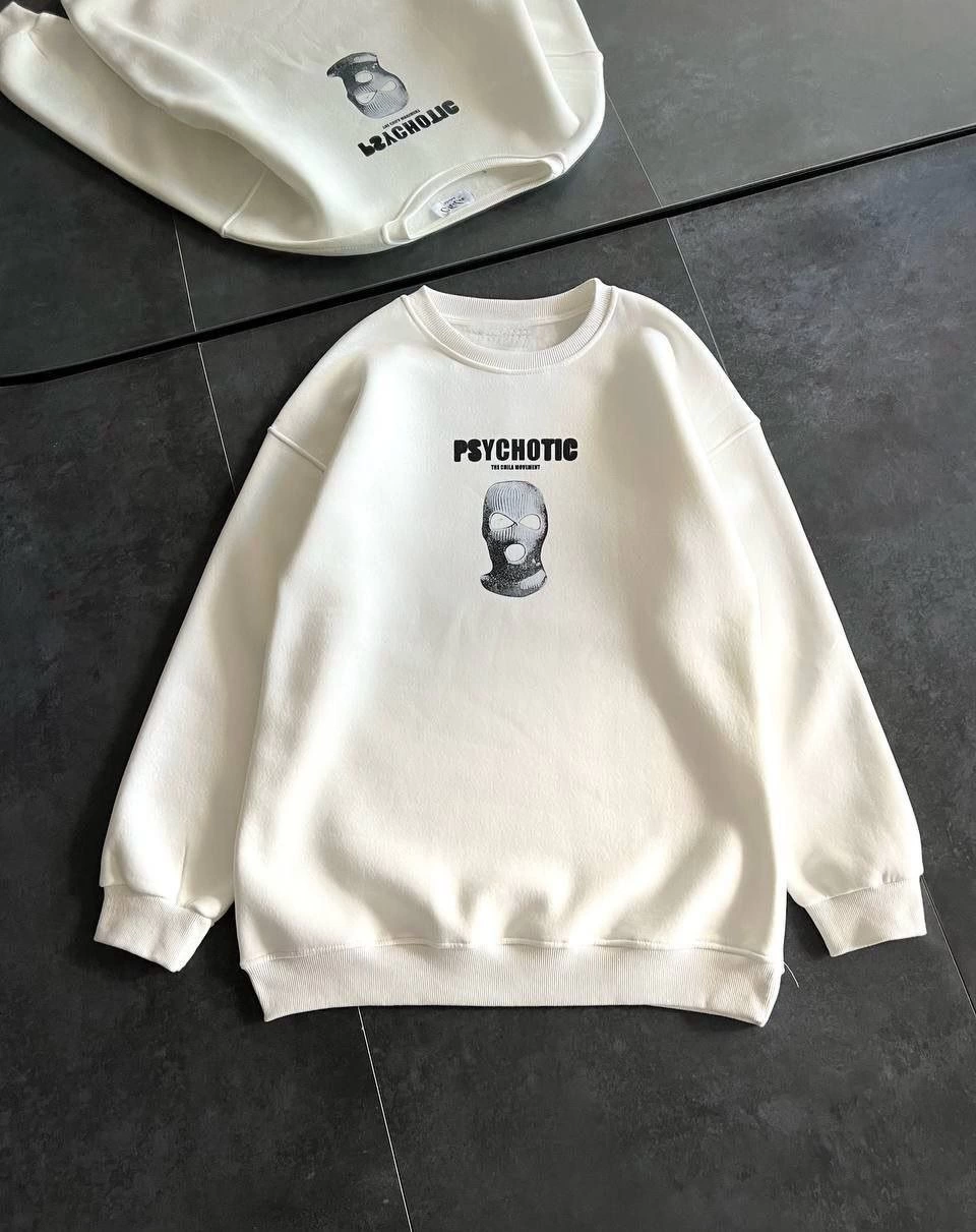 Kışlık Bisiklet Yaka Baskılı SweatShirt - Beyaz -