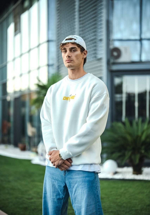 Kışlık Bisiklet Yaka Baskılı SweatShirt - Beyaz -