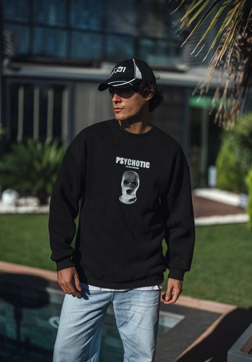 Kışlık Bisiklet Yaka Baskılı SweatShirt - Siyah -