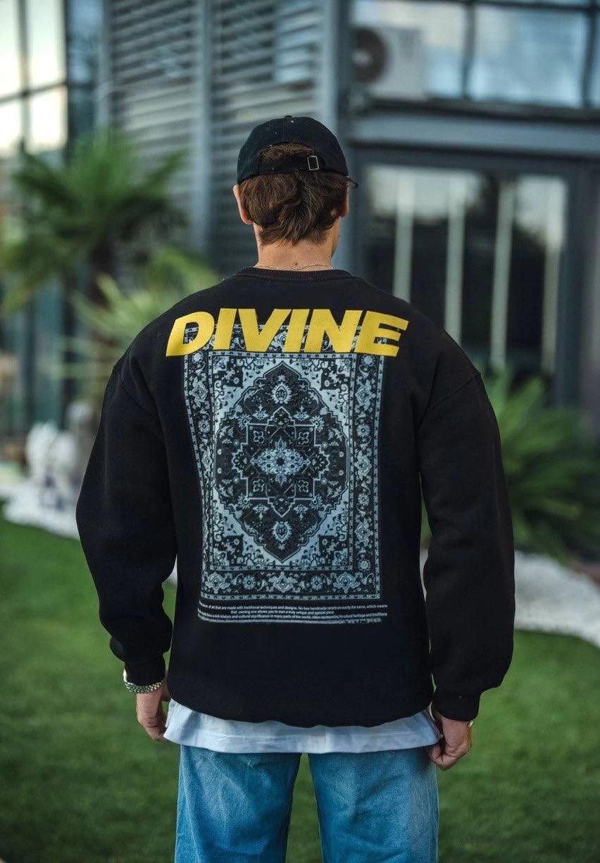 Kışlık Bisiklet Yaka Baskılı SweatShirt - Siyah -
