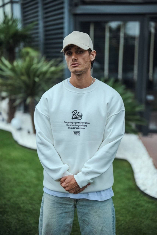Kışlık Bisiklet Yaka Ön Ve Arka Baskılı SweatShirt - Beyaz -