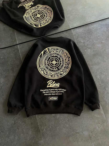 Kışlık Bisiklet Yaka Ön Ve Arka Baskılı SweatShirt - Siyah -