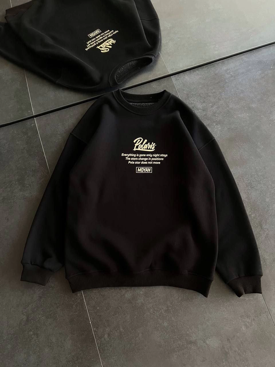 Kışlık Bisiklet Yaka Ön Ve Arka Baskılı SweatShirt - Siyah -