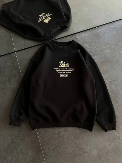 Kışlık Bisiklet Yaka Ön Ve Arka Baskılı SweatShirt - Siyah -