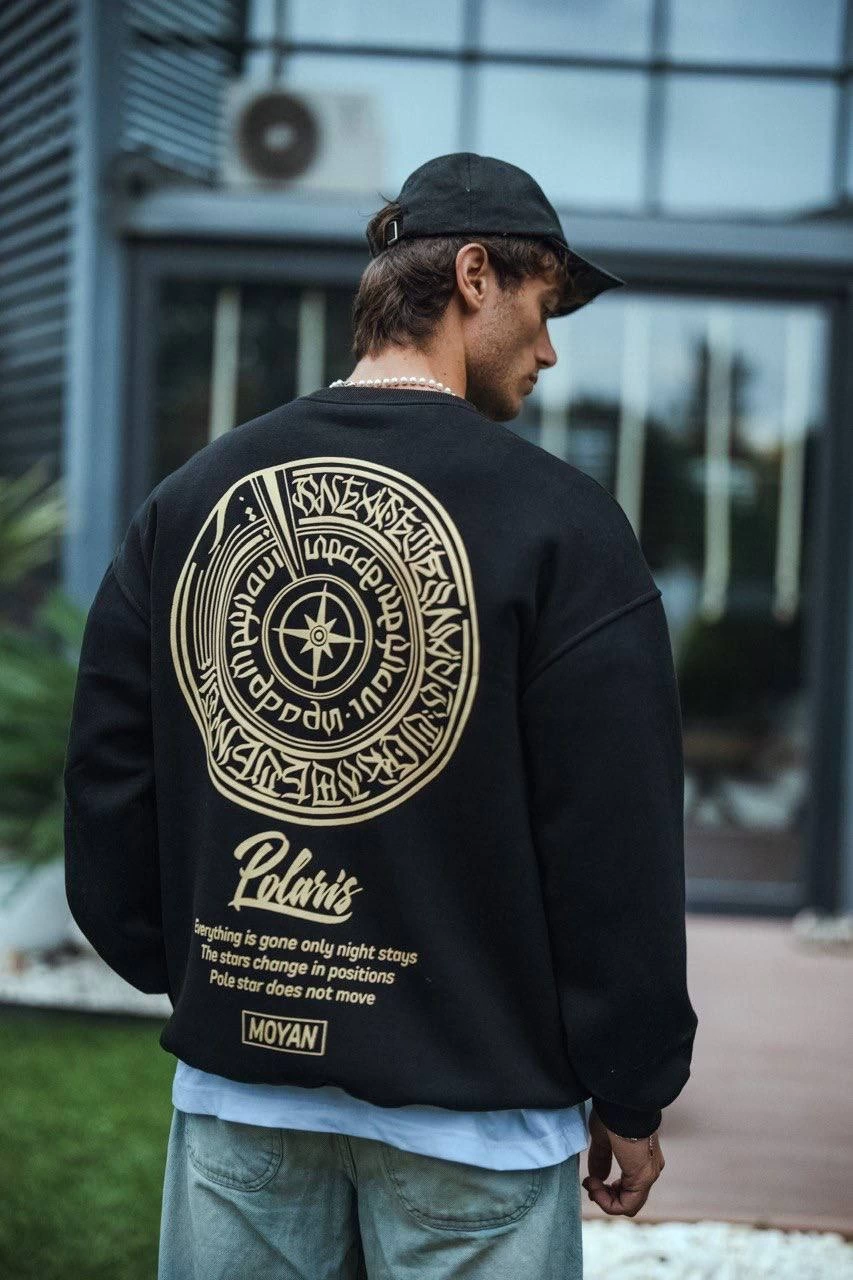 Kışlık Bisiklet Yaka Ön Ve Arka Baskılı SweatShirt - Siyah -