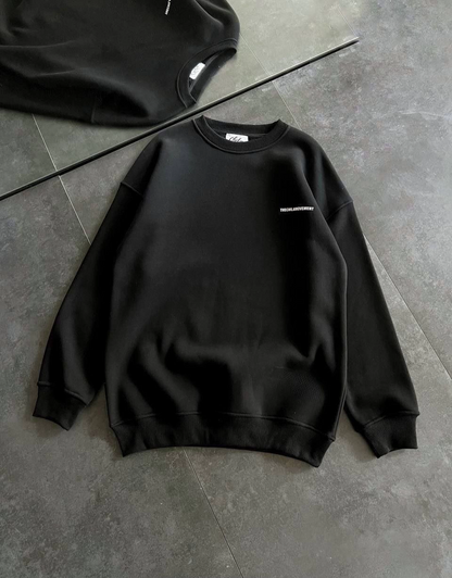 Kışlık Bisiklet Yaka Oversize Baskılı SweatShirt - Siyah -