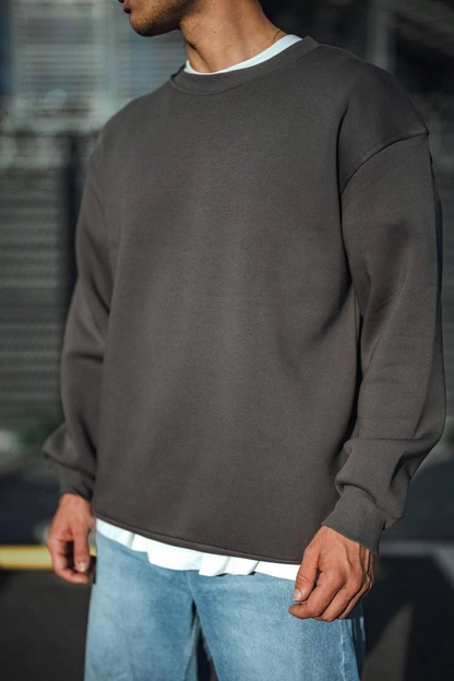 Kışlık Bisiklet Yaka Üç İplik Basic SweatShirt - Antrasit -