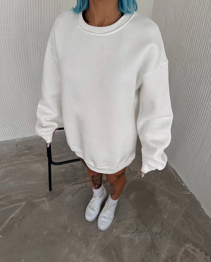 Kışlık Bisiklet Yaka Üç İplik Basic SweatShirt - Beyaz -