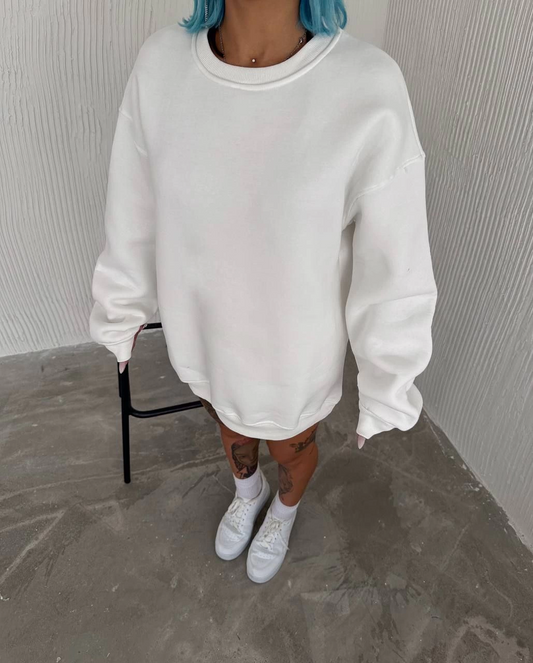 Kışlık Bisiklet Yaka Üç İplik Basic SweatShirt - Beyaz -