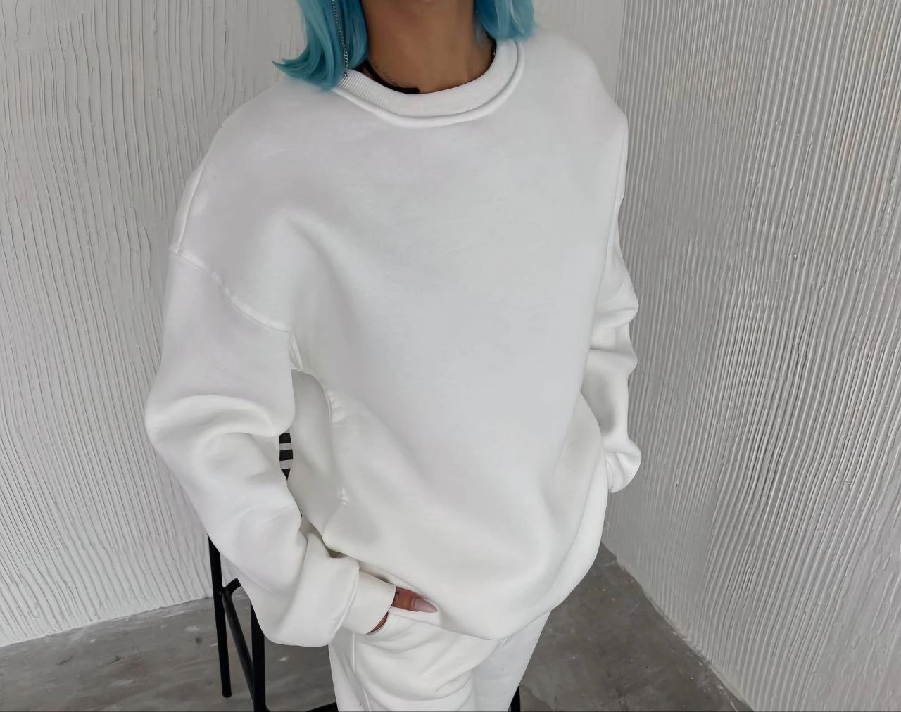 Kışlık Bisiklet Yaka Üç İplik Basic SweatShirt - Beyaz -