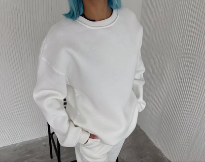 Kışlık Bisiklet Yaka Üç İplik Basic SweatShirt - Beyaz -