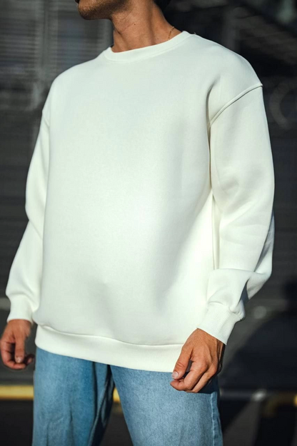 Kışlık Bisiklet Yaka Üç İplik Basic SweatShirt - Beyaz -