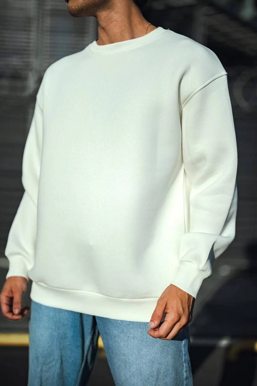 Kışlık Bisiklet Yaka Üç İplik Basic SweatShirt - Beyaz -