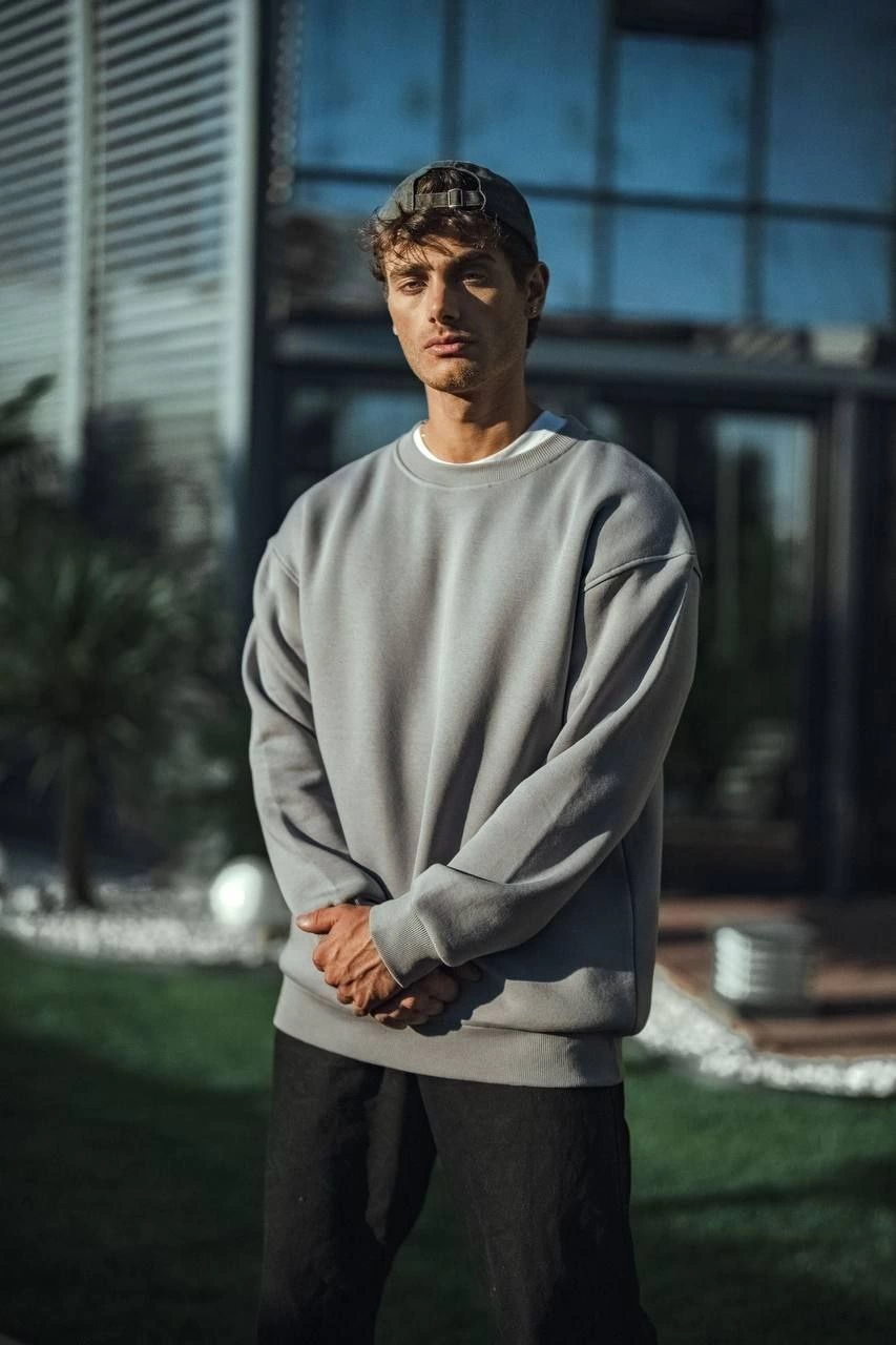 Kışlık Bisiklet Yaka Üç İplik Basic SweatShirt - Boyalı Gri -