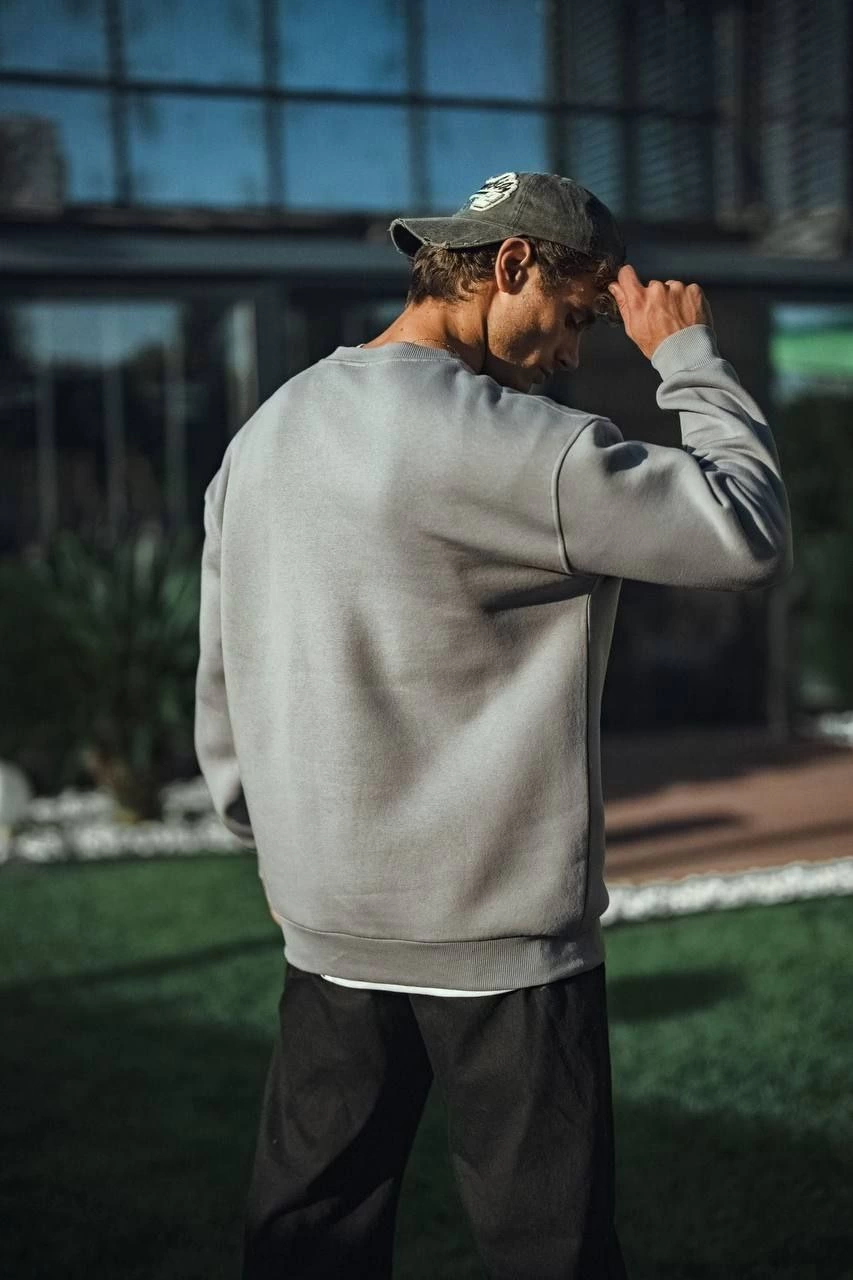 Kışlık Bisiklet Yaka Üç İplik Basic SweatShirt - Boyalı Gri -