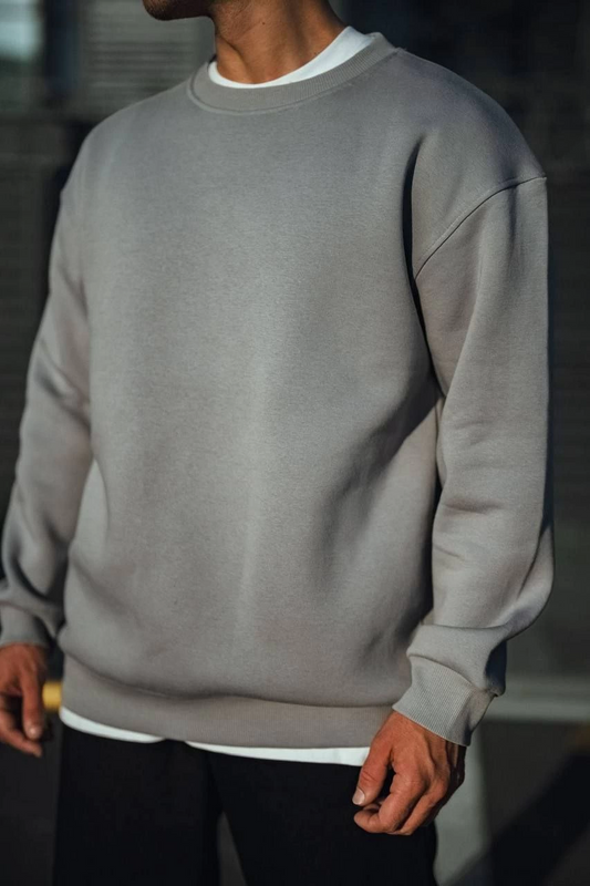 Kışlık Bisiklet Yaka Üç İplik Basic SweatShirt - Boyalı Gri -