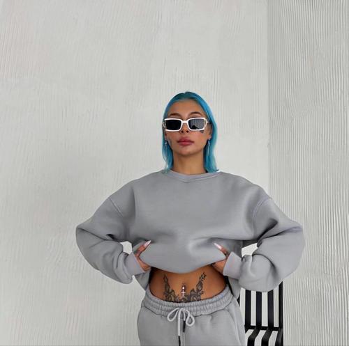 Kışlık Bisiklet Yaka Üç İplik Basic SweatShirt - Gri -