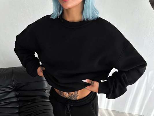 Kışlık Bisiklet Yaka Üç İplik Basic SweatShirt - Siyah -