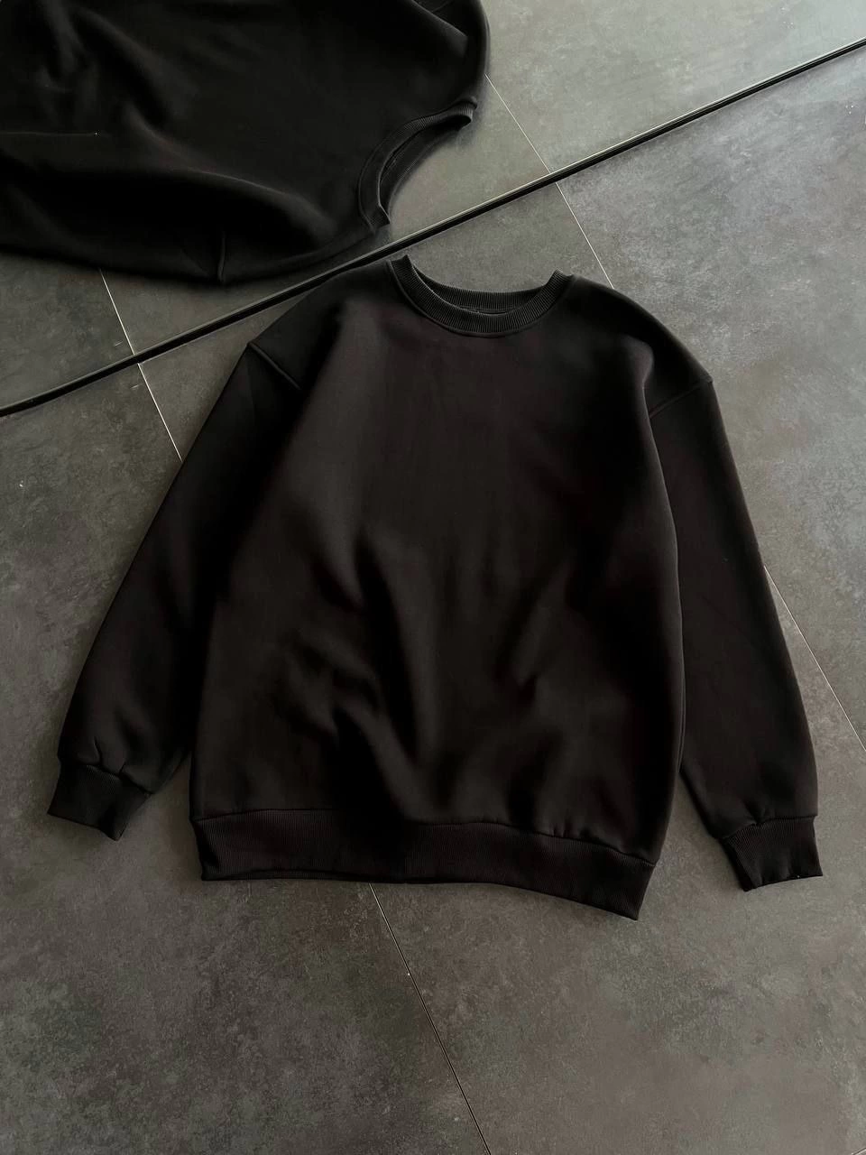 Kışlık Bisiklet Yaka Üç İplik Basic SweatShirt - Siyah -