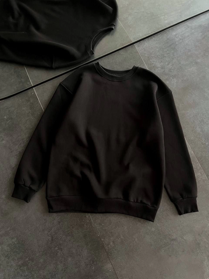 Kışlık Bisiklet Yaka Üç İplik Basic SweatShirt - Siyah -
