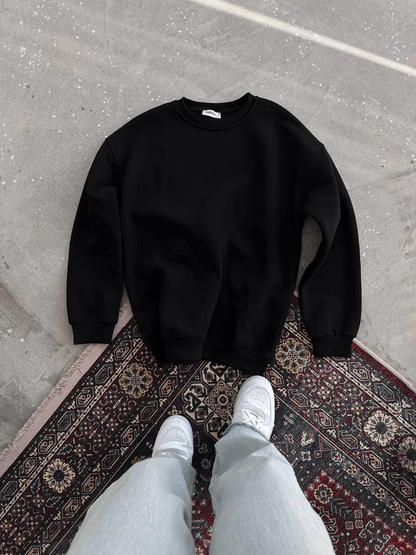 Kışlık Bisiklet Yaka Üç İplik Basic SweatShirt - Siyah -