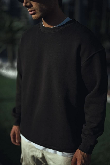 Kışlık Bisiklet Yaka Üç İplik Basic SweatShirt - Siyah -