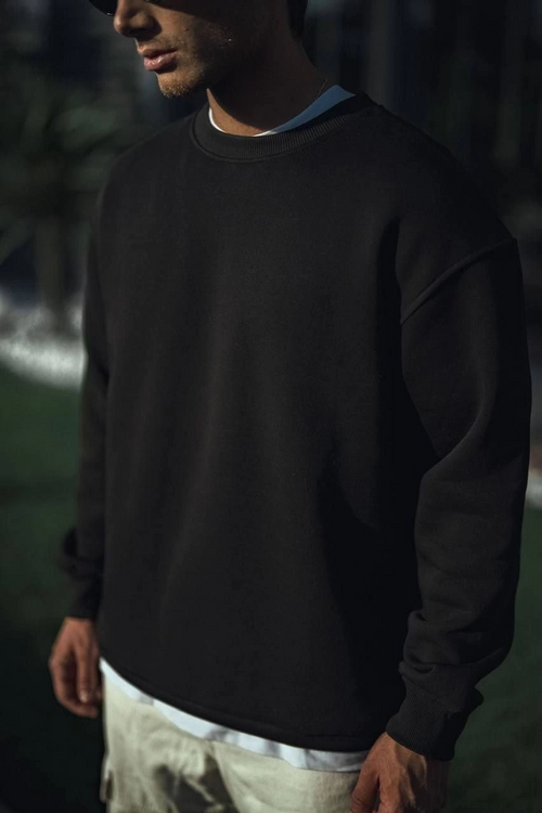 Kışlık Bisiklet Yaka Üç İplik Basic SweatShirt - Siyah -
