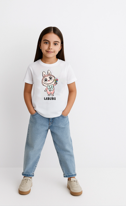 Kız Labubu Çocuk Baskılı T-Shirt - Beyaz