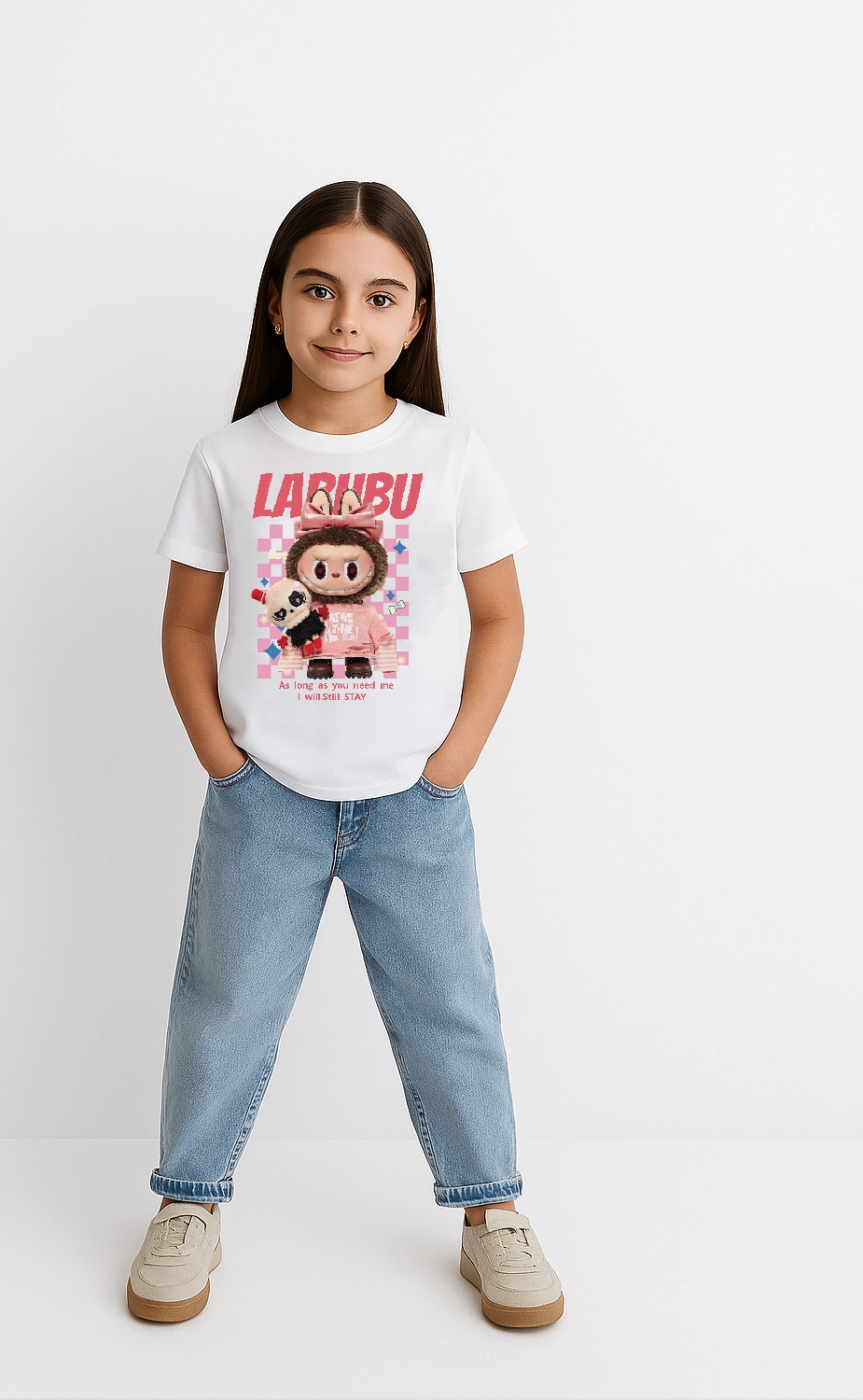 Kız Labubu Çocuk Baskılı T-Shirt - Beyaz