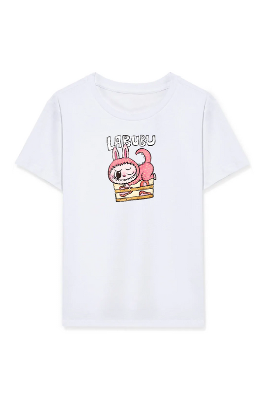 Kız Labubu Çocuk Baskılı T-Shirt - Beyaz